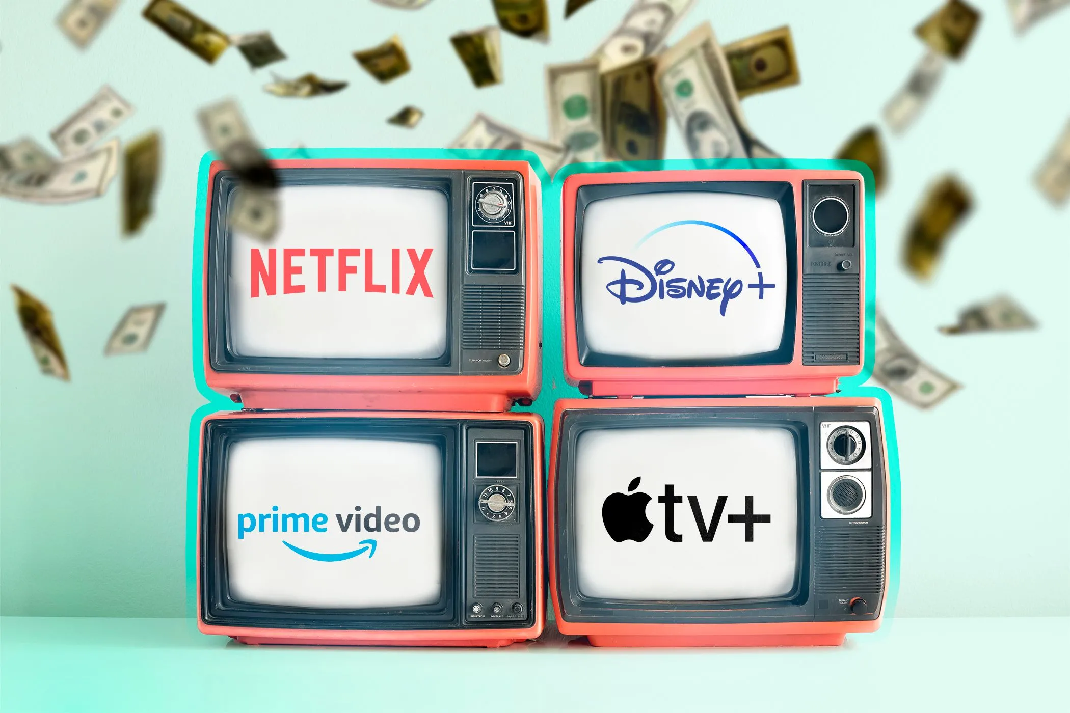 Bốn chiếc TV hiển thị logo các dịch vụ streaming cùng những tờ đô la rơi xuống, minh họa cách Smart TV kiếm tiền từ dữ liệu người dùng