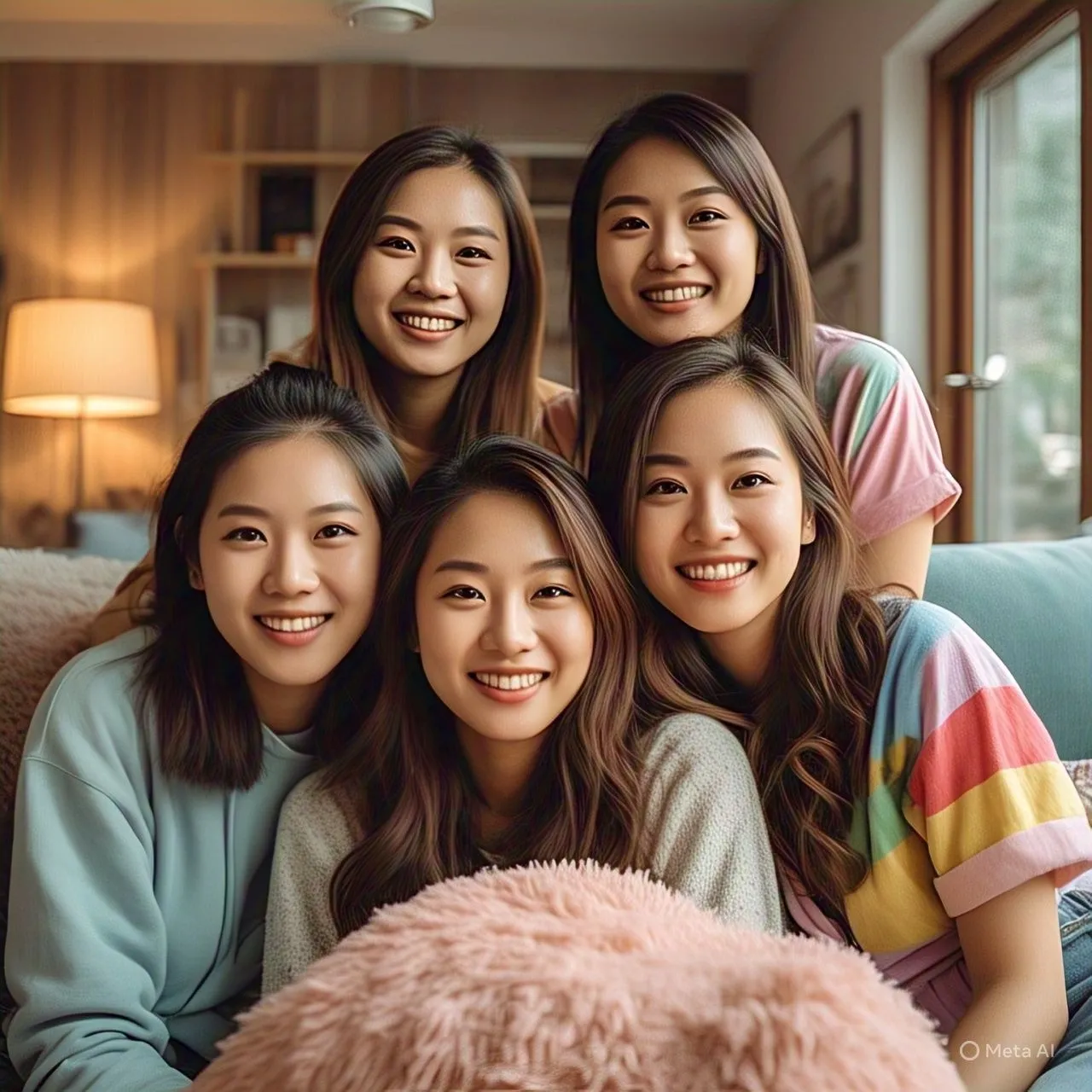 Bốn người phụ nữ trẻ cười trước máy ảnh với làn da quá mịn màng, thiếu các chi tiết tự nhiên do AI tạo