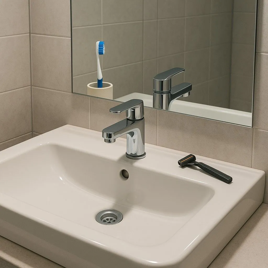 Bồn rửa mặt hiện đại với thiết kế bóng bẩy và mặt bàn sạch sẽ, do ChatGPT 4o tạo ra với phản chiếu được cải thiện