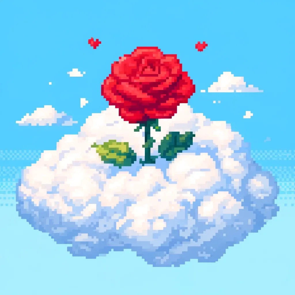 Bông hồng pixel art bay trên mây, một sản phẩm khác của AI DALL-E, dự báo xu hướng AI tinh tế hơn.