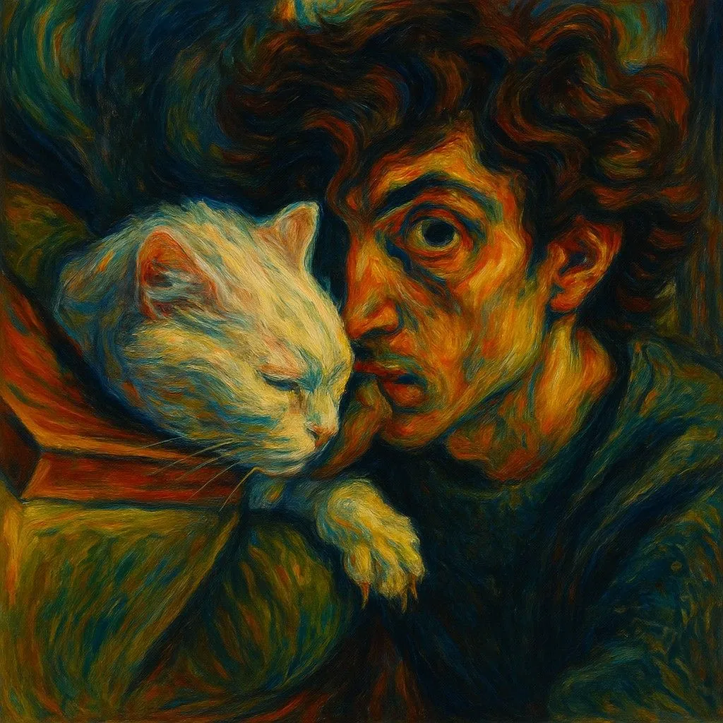 bức tranh Expressionism người đàn ông với vẻ lo lắng và mèo