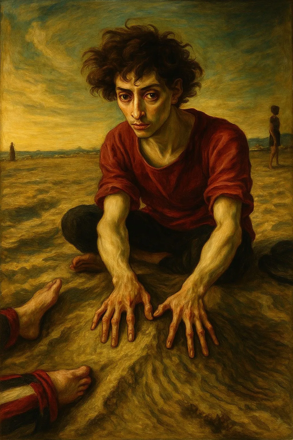 bức tranh Mannerism người đàn ông ngồi trên bãi biển với chân kỳ lạ
