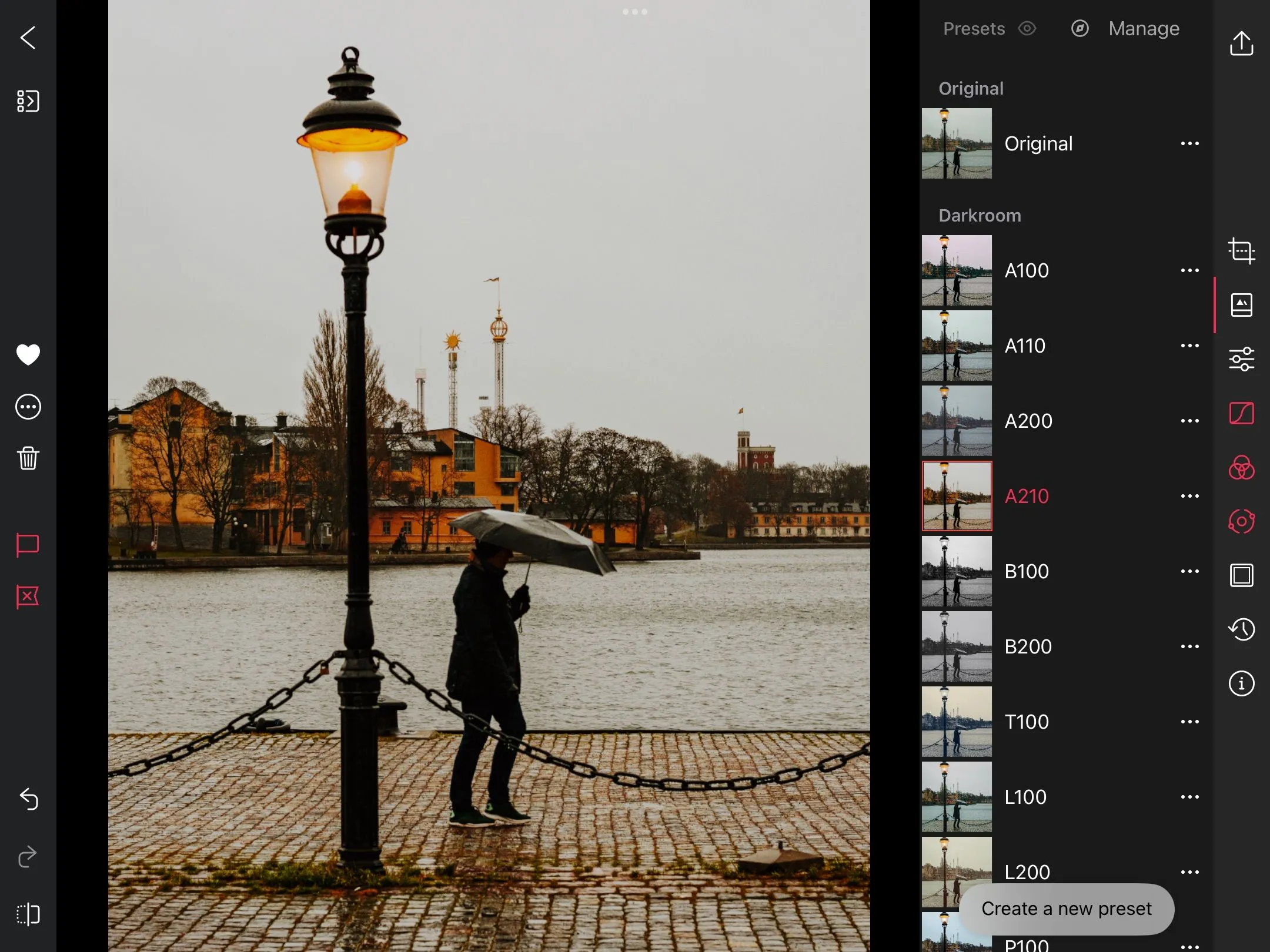Các bộ lọc (presets) đa dạng trong ứng dụng Darkroom trên iPad.