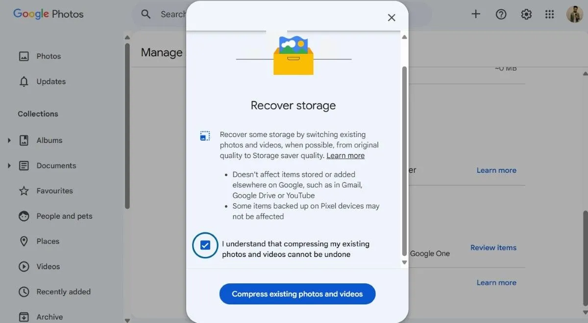 Các bước cài đặt để kích hoạt tính năng &quot;Trình tiết kiệm dung lượng&quot; trong Google Photos, giúp nén ảnh và video nhằm tối ưu không gian lưu trữ.