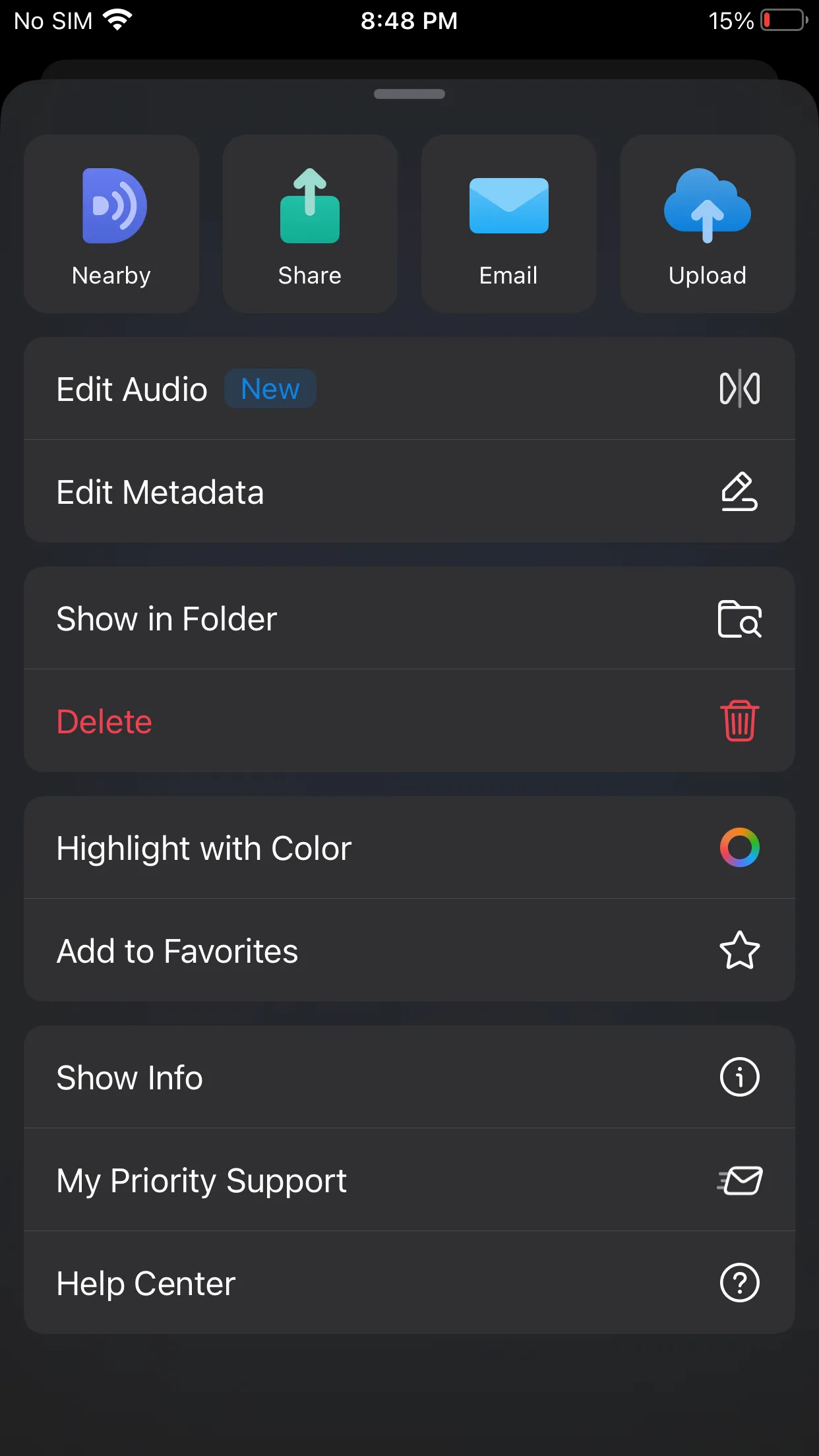 Các cài đặt trình phát âm thanh trong ứng dụng Documents trên iPhone.