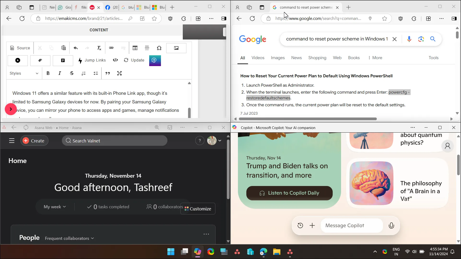Các cửa sổ ứng dụng được sắp xếp bằng Snap Layouts trên Windows 11, hiển thị bốn cửa sổ chiếm ¼ màn hình mỗi cái