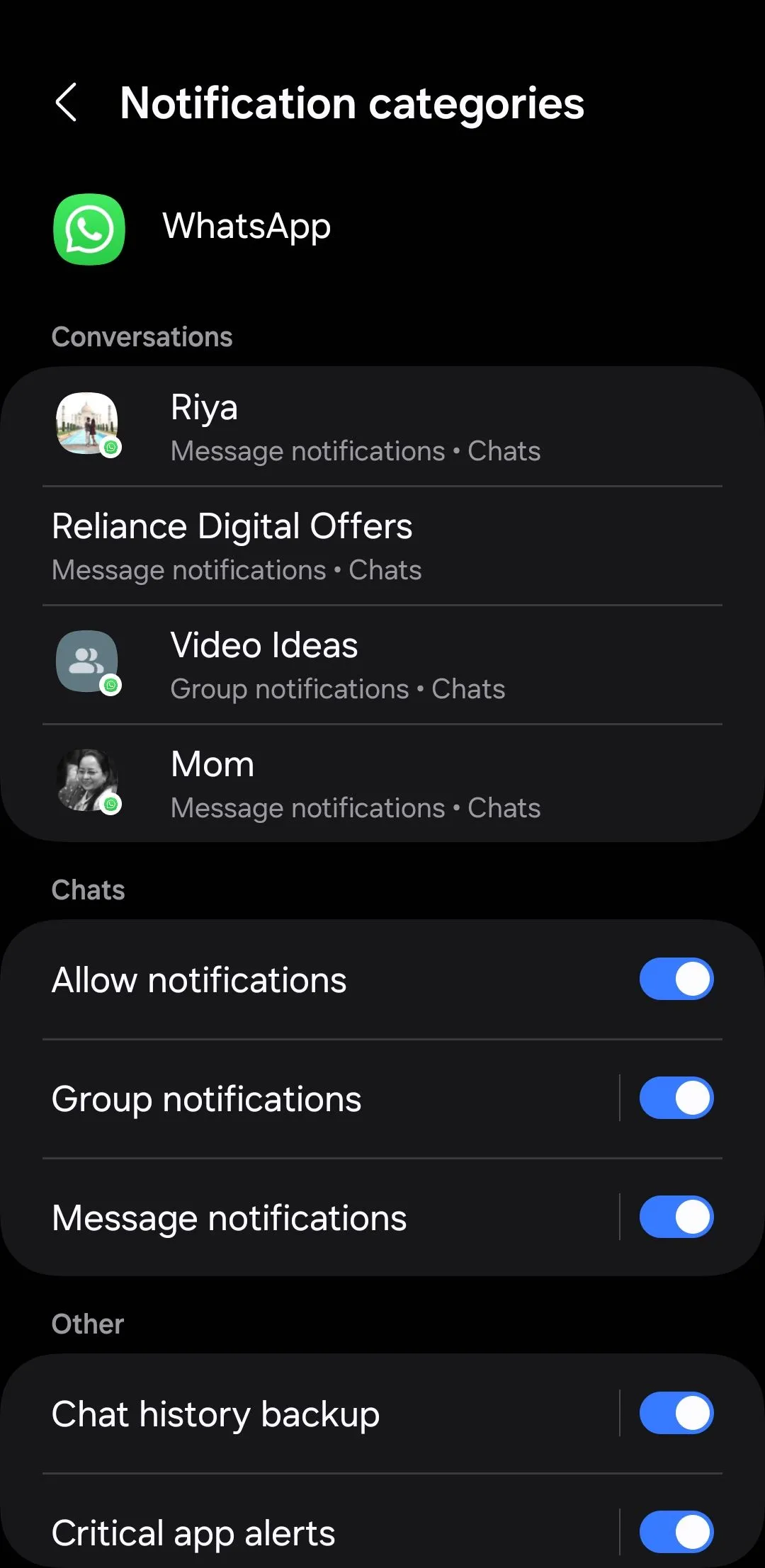 Các danh mục thông báo của WhatsApp trên điện thoại Android
