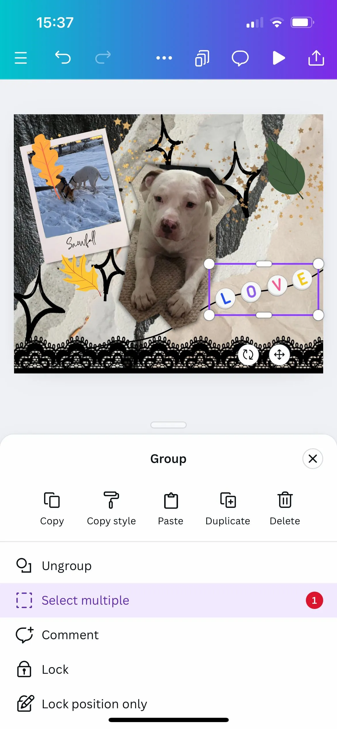 Các đối tượng đã được nhóm trong ứng dụng Canva