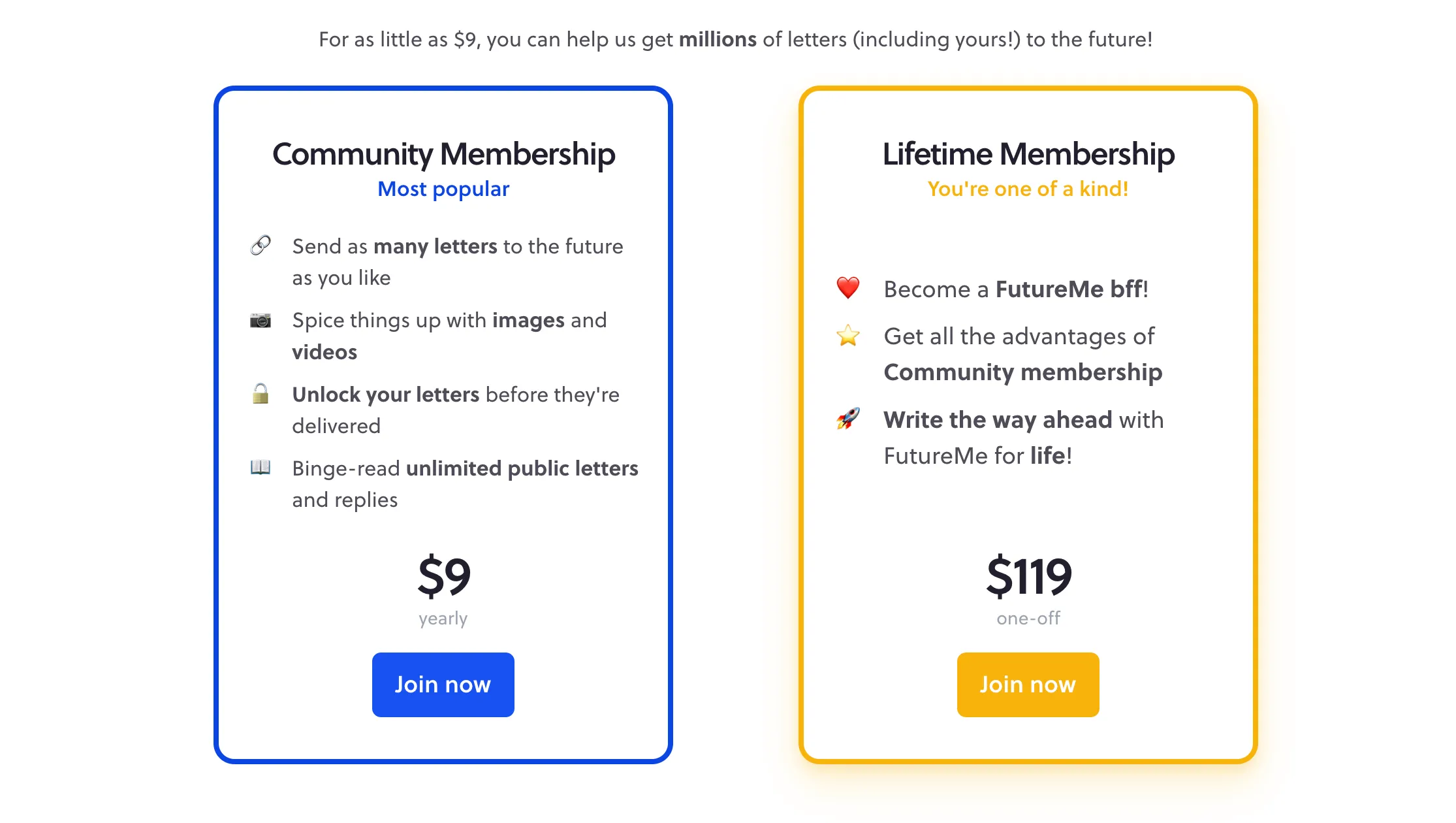Các gói đăng ký cao cấp của FutureMe bao gồm Community và Lifetime