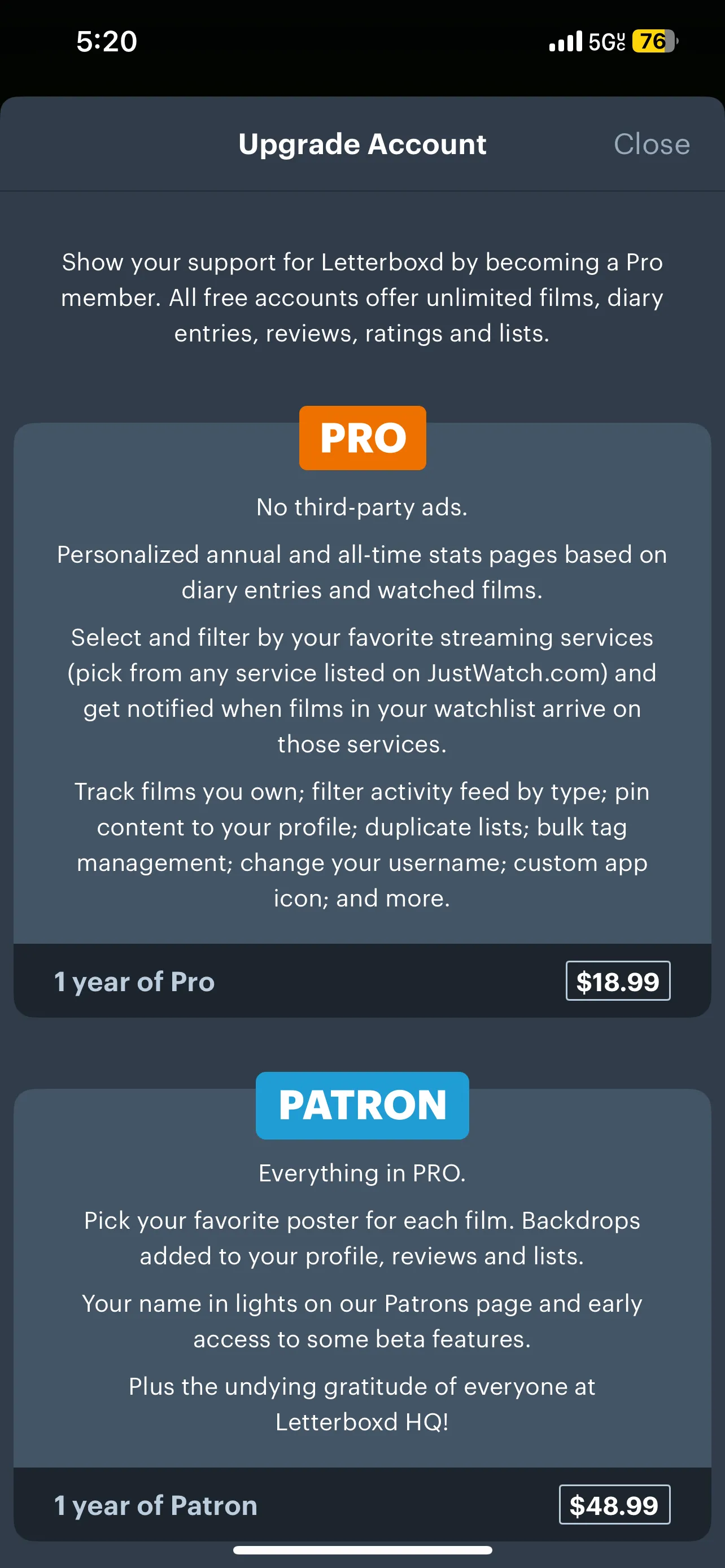 Các gói đăng ký Letterboxd Pro và Patron