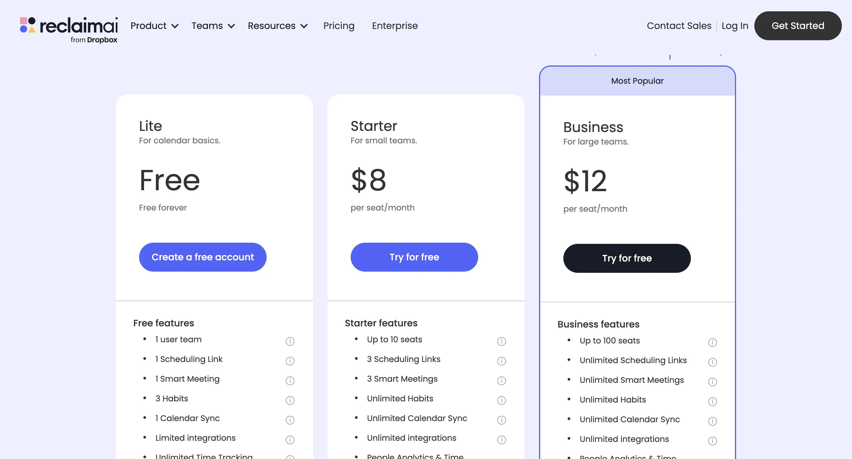 Các gói dịch vụ trả phí của Reclaim AI: Starter, Business và Enterprise