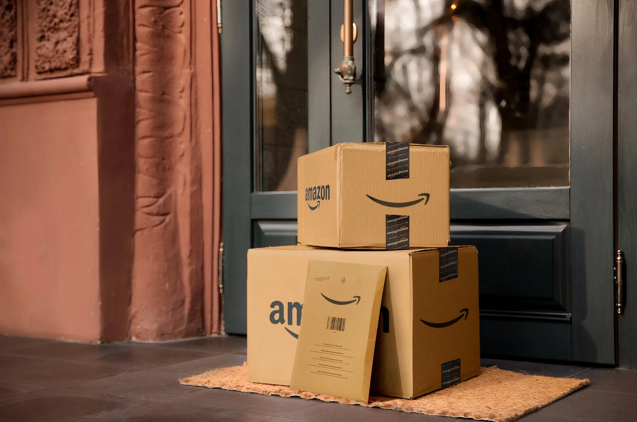 Các gói hàng Amazon được giao đến trước cửa nhà, biểu trưng cho dịch vụ giao hàng trực tuyến