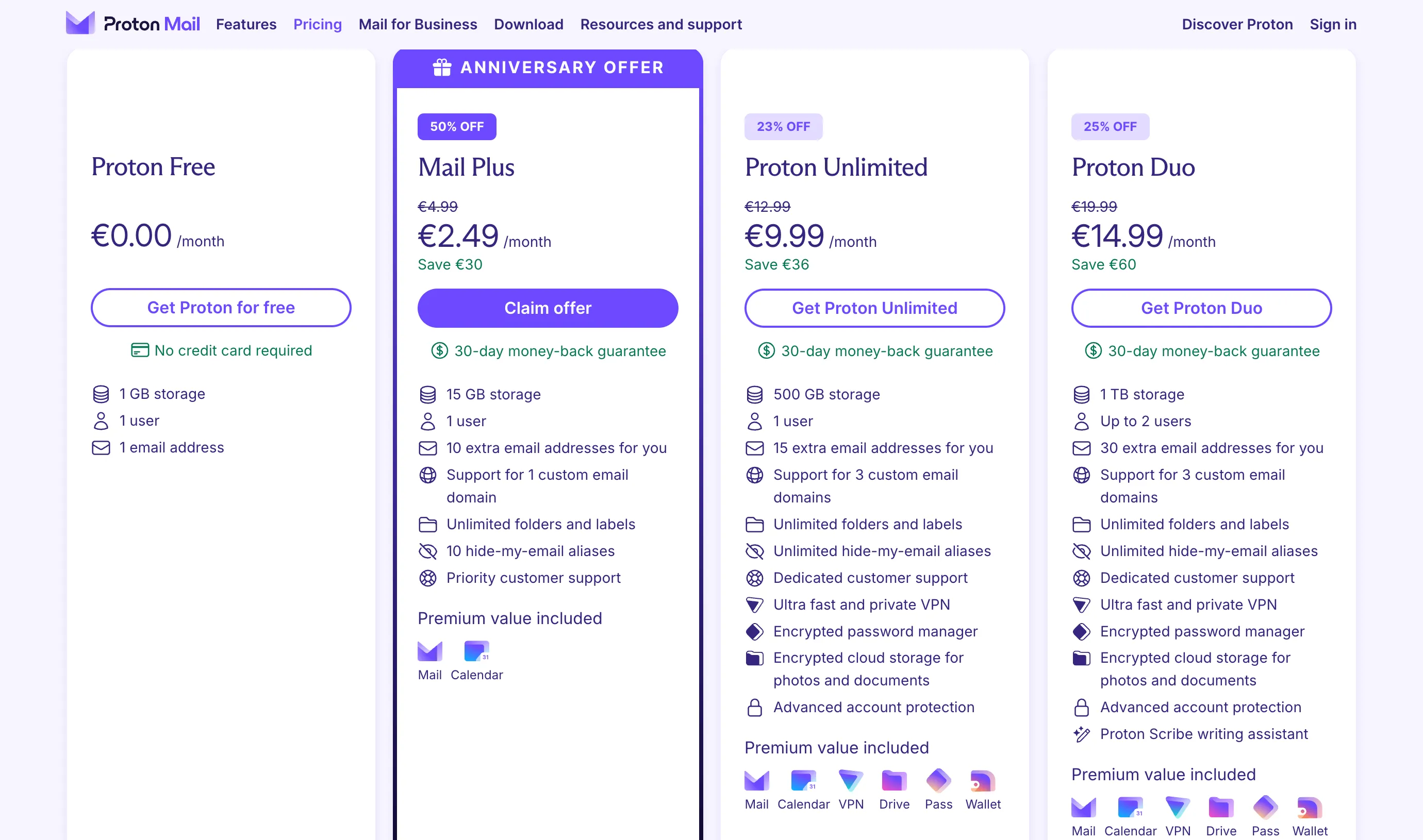 Các gói ProtonMail với nhiều lợi ích khác nhau bao gồm Proton VPN