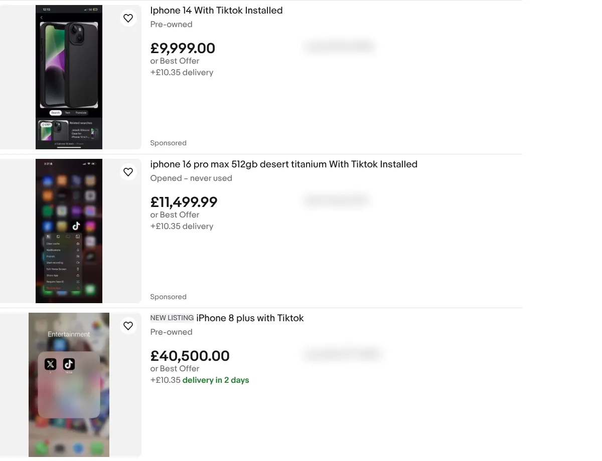 Các mẫu iPhone được rao bán trên eBay với ứng dụng TikTok đã cài đặt sẵn, giá cả và thông tin cá nhân được làm mờ