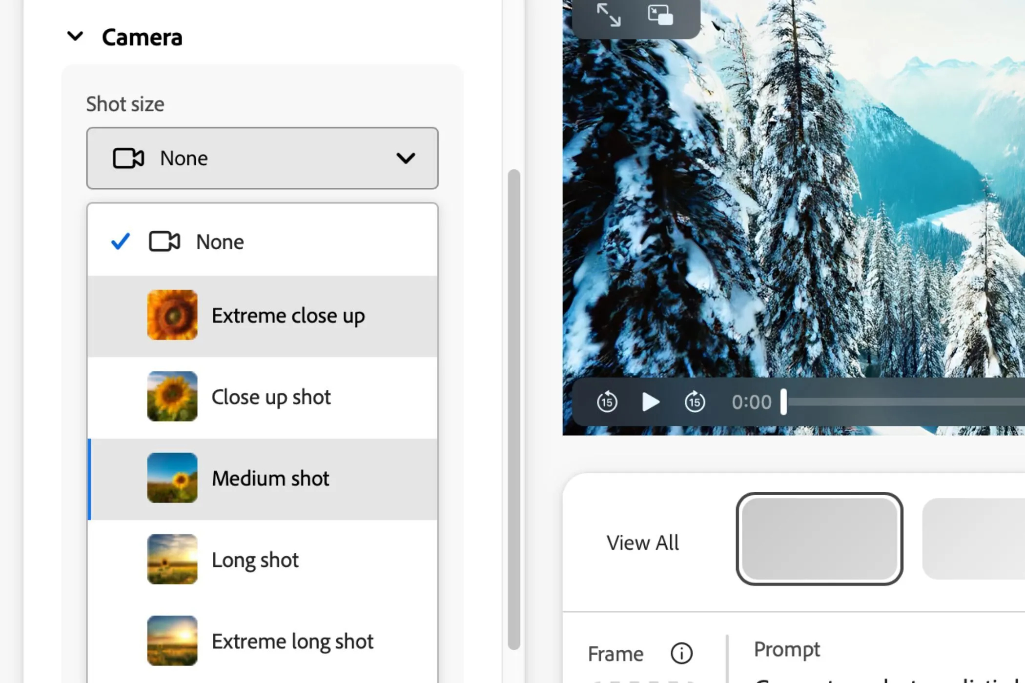 Các tính năng chỉnh sửa video trong Adobe Firefly, bao gồm tùy chọn góc máy quay và chuyển động.