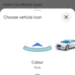 Các tùy chọn biểu tượng xe cũ và mới trên Google Maps bao gồm mũi tên, sedan, bán tải, SUV và các mẫu xe đa dạng với nhiều màu sắc khác nhau
