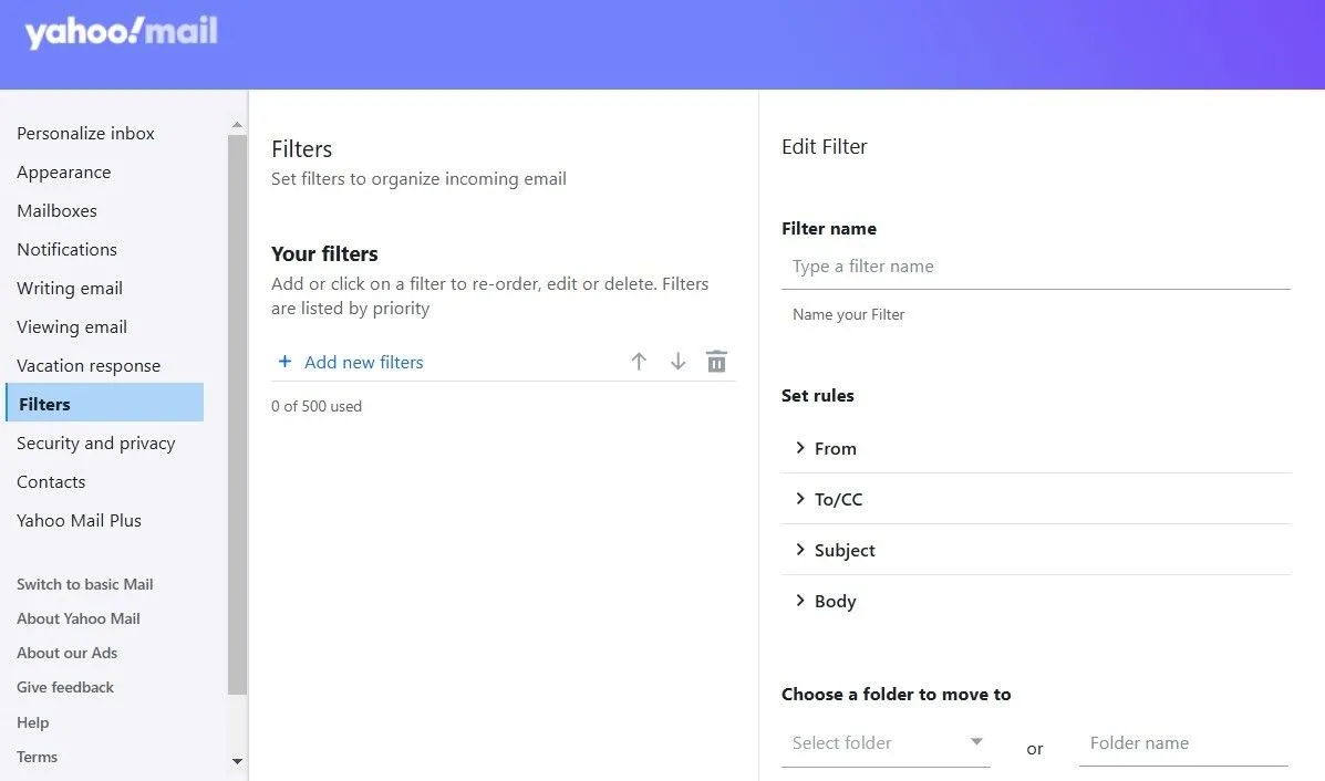 Các tùy chọn bộ lọc trong Yahoo Mail