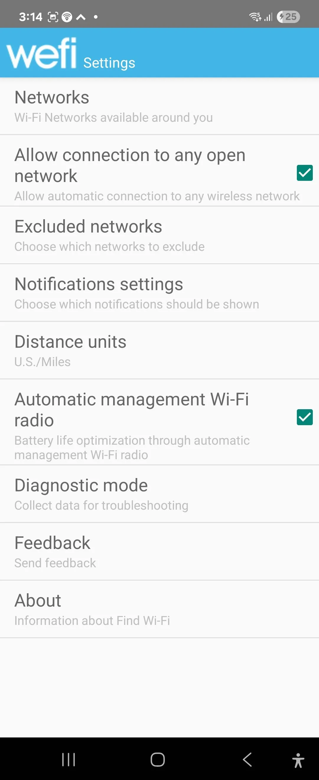 Các tùy chọn cài đặt tối ưu Wi-Fi và quản lý kết nối trong ứng dụng WeFi dành cho Android