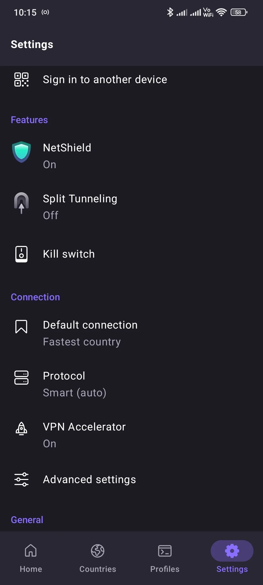 Các tùy chọn cài đặt trong ứng dụng Proton VPN, hiển thị các tính năng bảo mật.