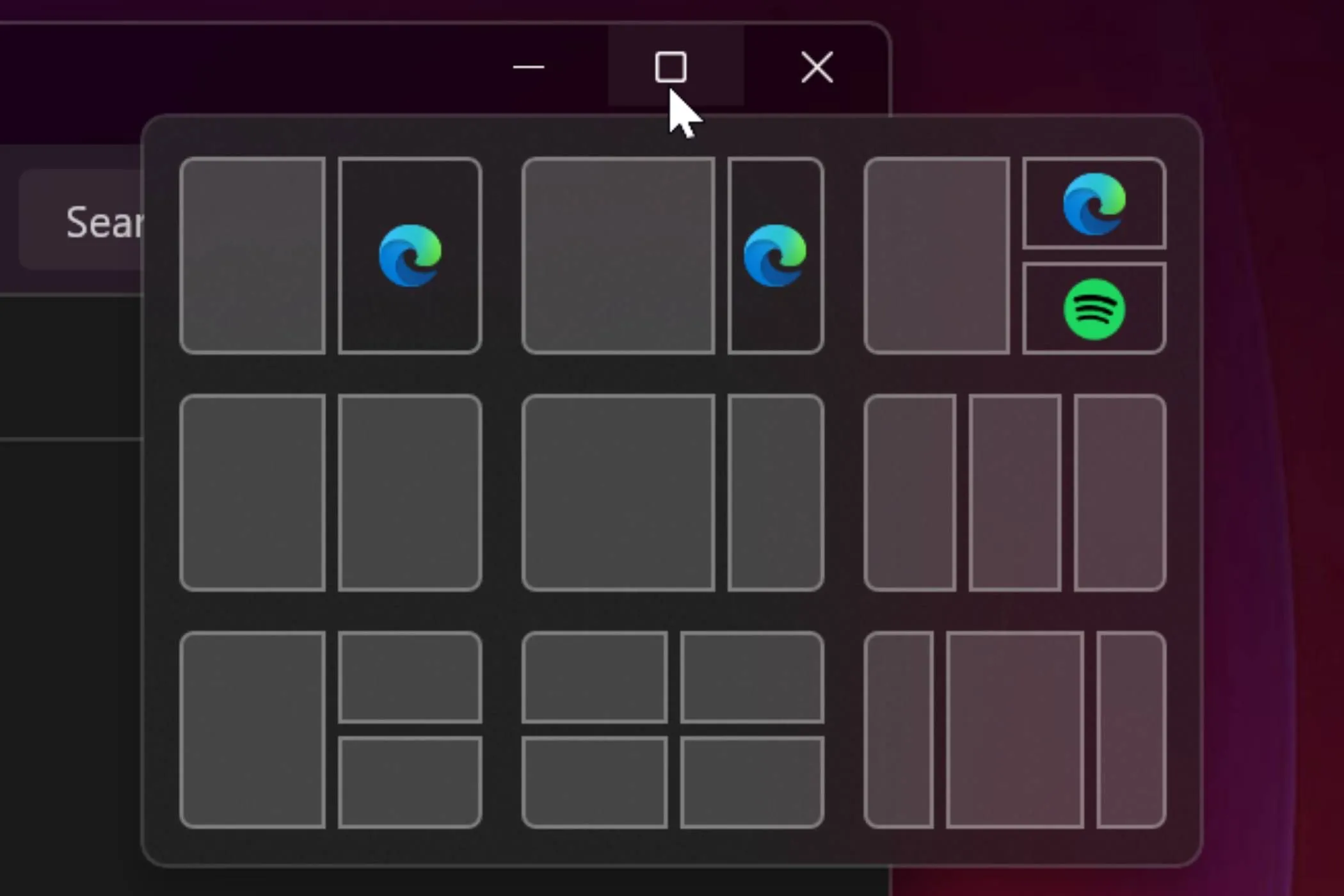 Các tùy chọn chia màn hình Snap Layouts của Windows 11 hiển thị khi di chuột vào nút phóng to cửa sổ ứng dụng.