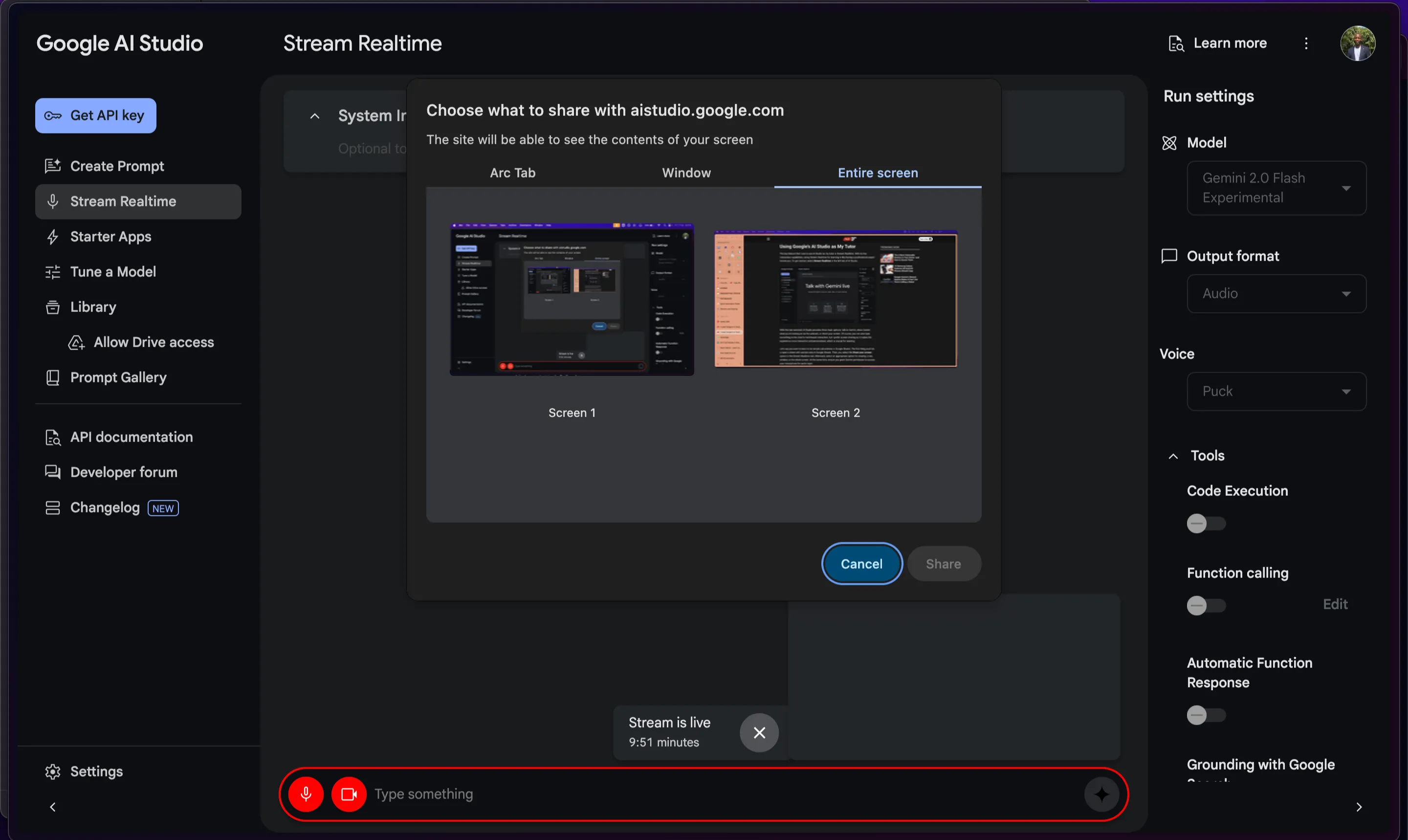 Các tùy chọn chia sẻ màn hình trong tính năng Stream Realtime của Google AI Studio