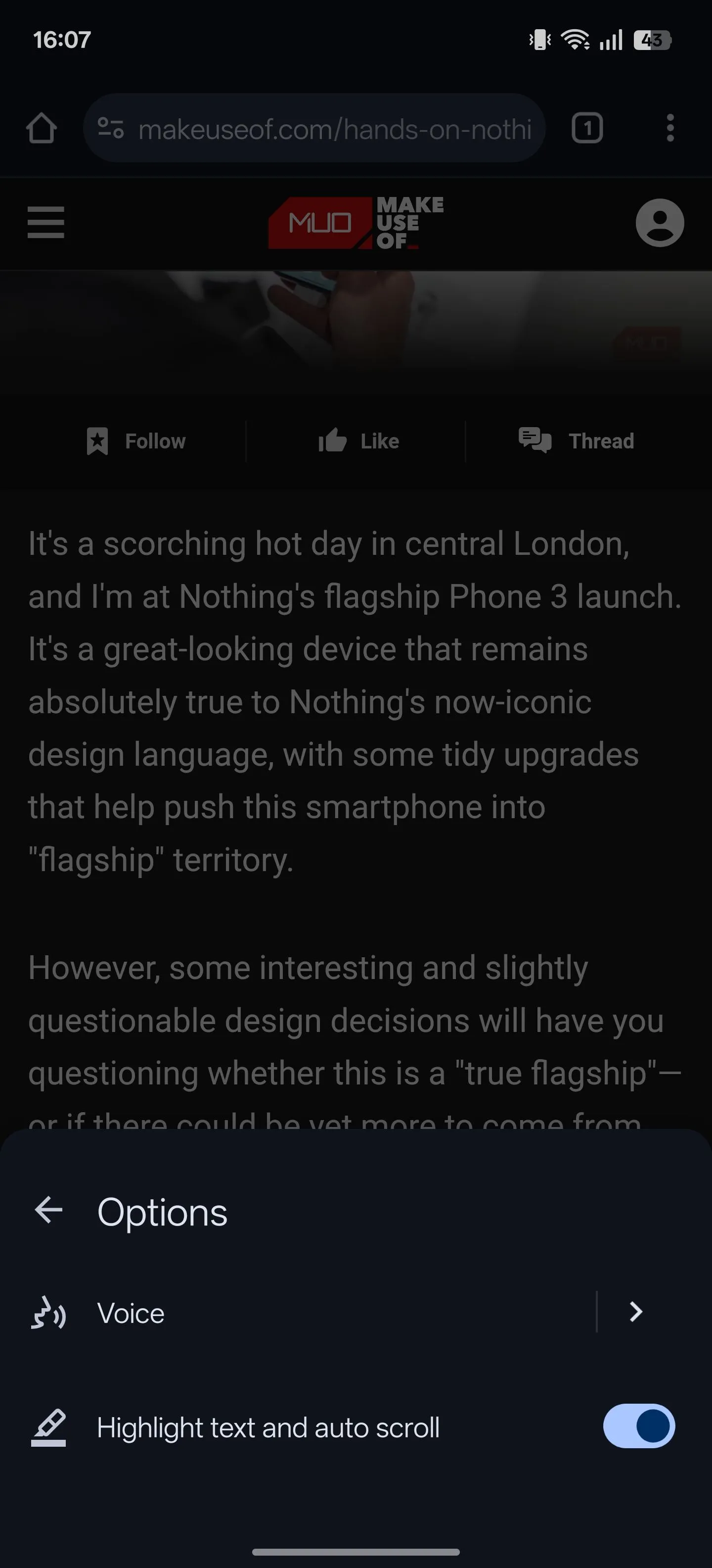 Các tùy chọn điều khiển phát lại mở rộng của mini-player tính năng &quot;Listen to this page&quot; trên Chrome Android.