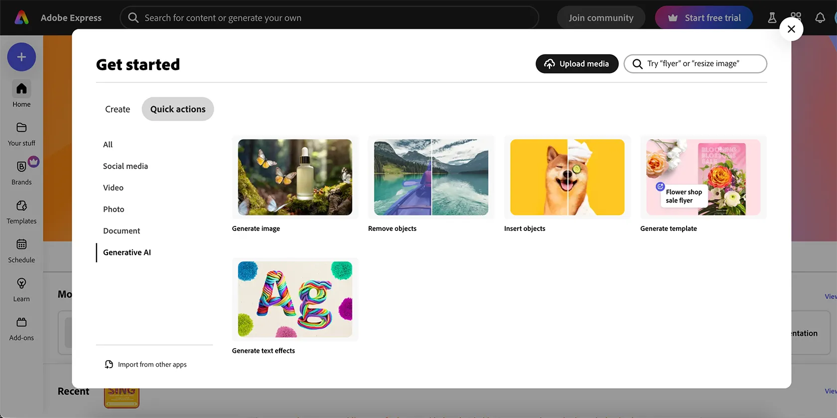 Các tùy chọn hành động nhanh được hỗ trợ bởi AI trong Adobe Express, bao gồm tạo ảnh và hiệu ứng văn bản.