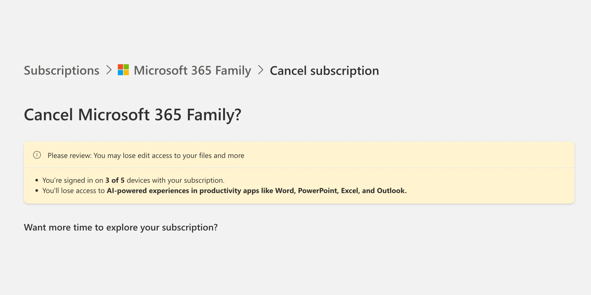 Các tùy chọn hủy đăng ký và giữ gói của Microsoft 365