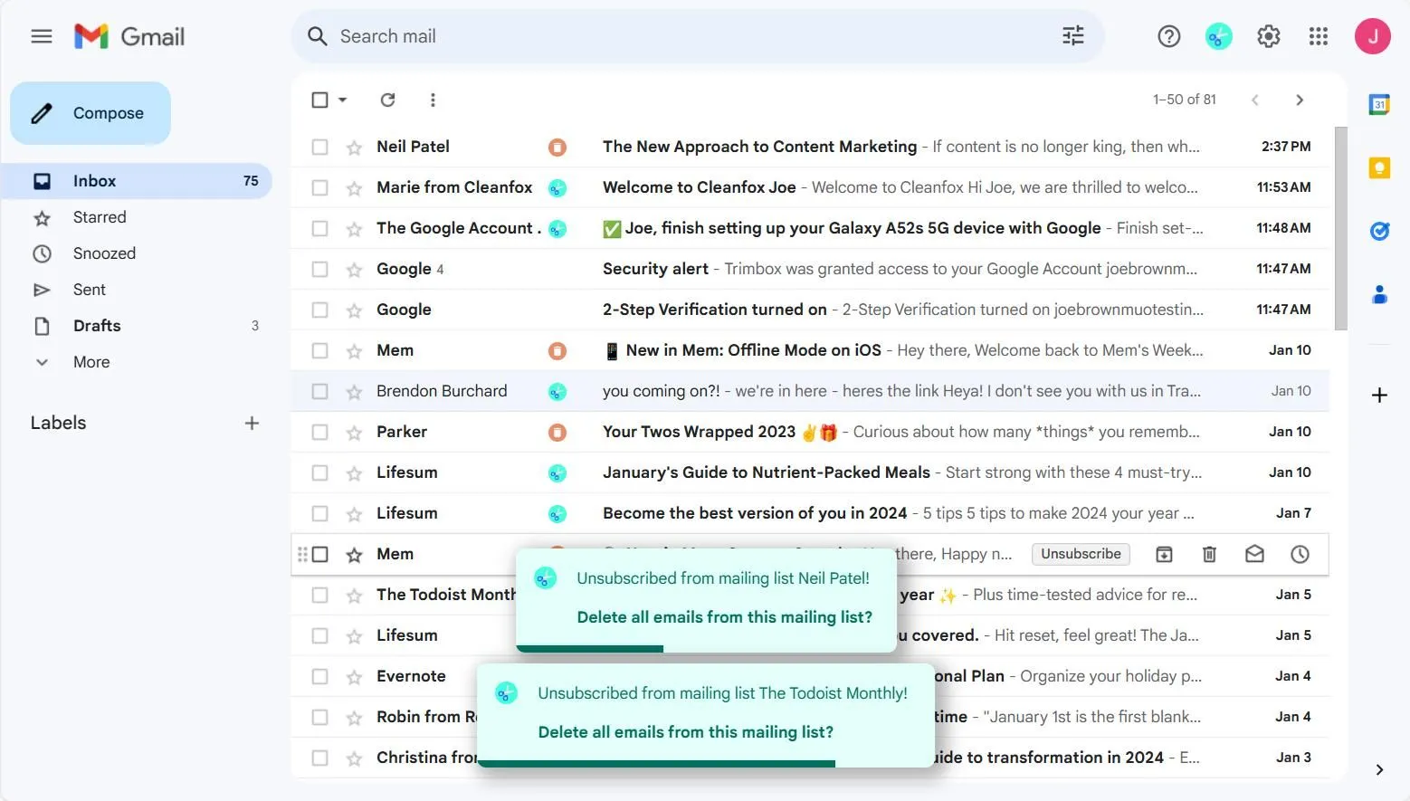 Các tùy chọn hủy đăng ký và xóa email trực tiếp trên giao diện hộp thư đến Gmail