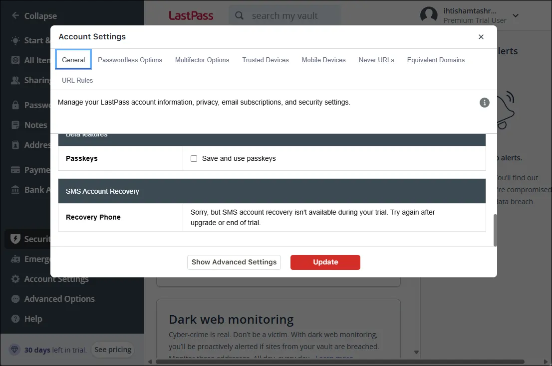 Các tùy chọn khôi phục tài khoản LastPass trên giao diện web, thể hiện tính năng khôi phục nâng cao của trình quản lý mật khẩu.