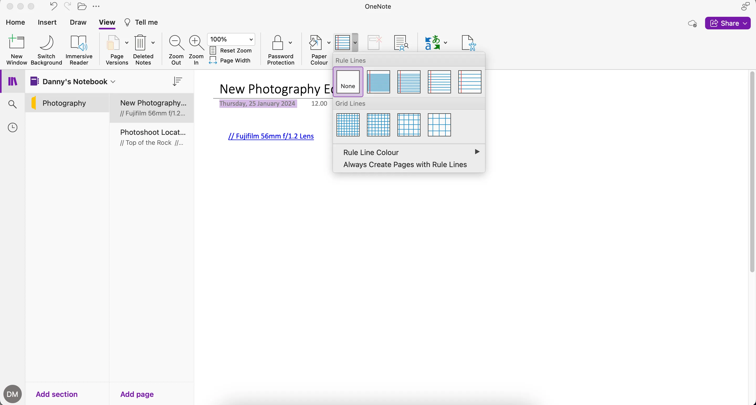 Các tùy chọn kiểu giấy và bố cục trang trong ứng dụng ghi chú Microsoft OneNote