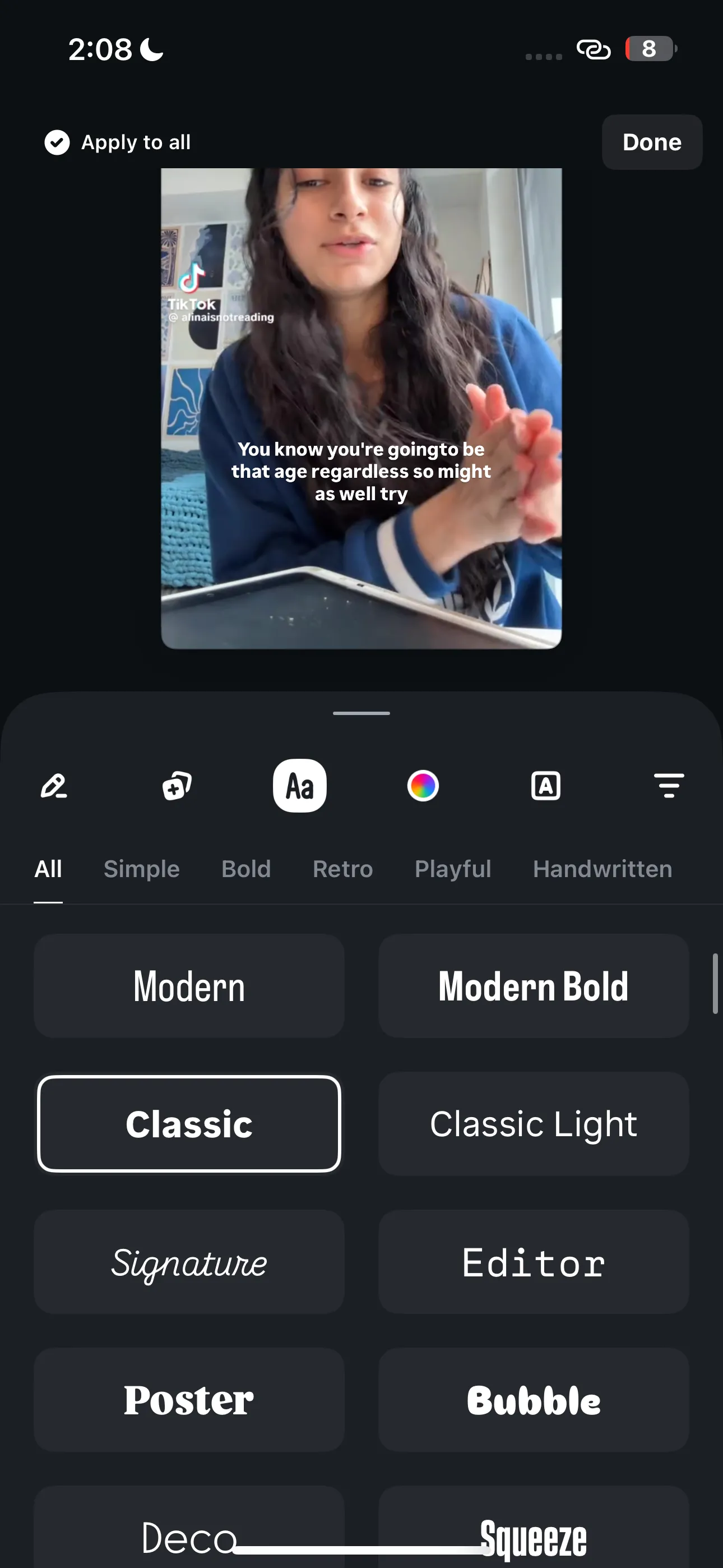 Các tùy chọn phông chữ đa dạng trong Edits app để tùy chỉnh hiển thị chú thích, bao gồm Simple, Bold, Retro, Playful và Handwritten.