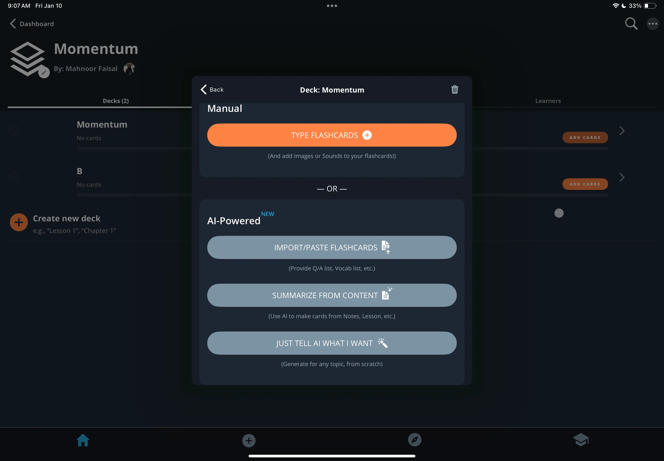 Các tùy chọn tạo Flashcard AI trên Brainscape: Import/Paste, Summarize From Content, Just Tell AI What I Want