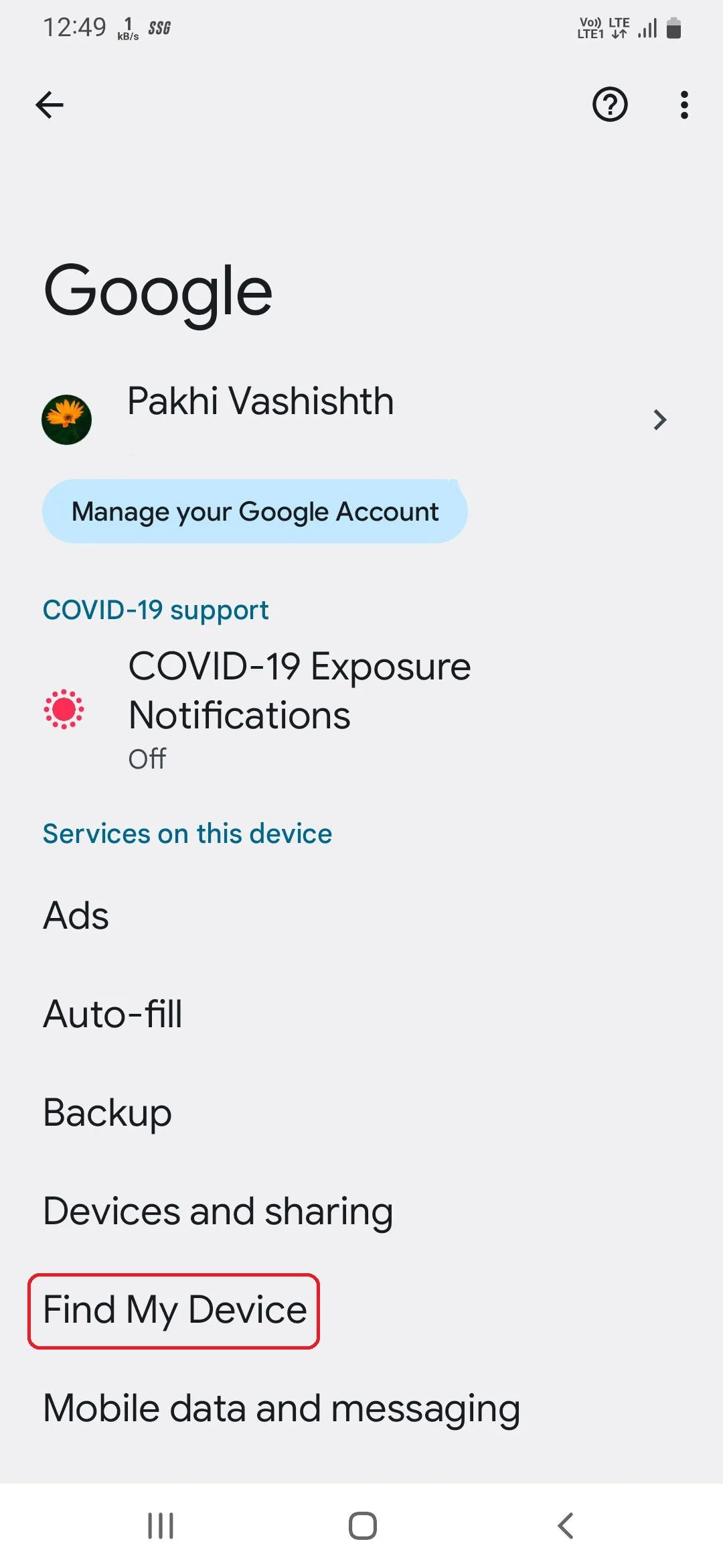Các tùy chọn Tìm thiết bị của tôi trong cài đặt Google trên Samsung