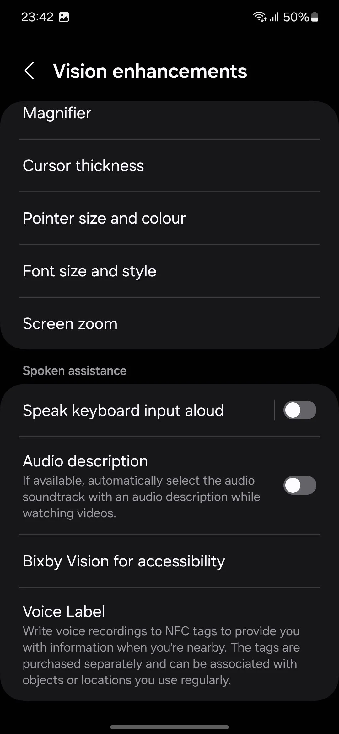 Các tùy chọn trong menu Cải thiện khả năng hiển thị (Vision enhancements) trên điện thoại Samsung, bao gồm Bixby Vision.