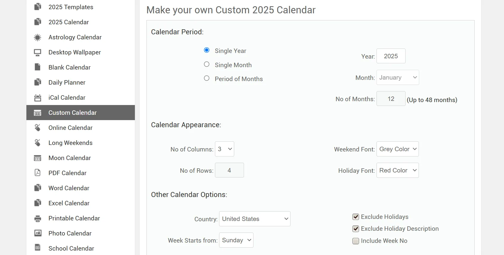 Các tùy chọn tùy chỉnh mẫu lịch OneNote trên trang web Calendarlabs.