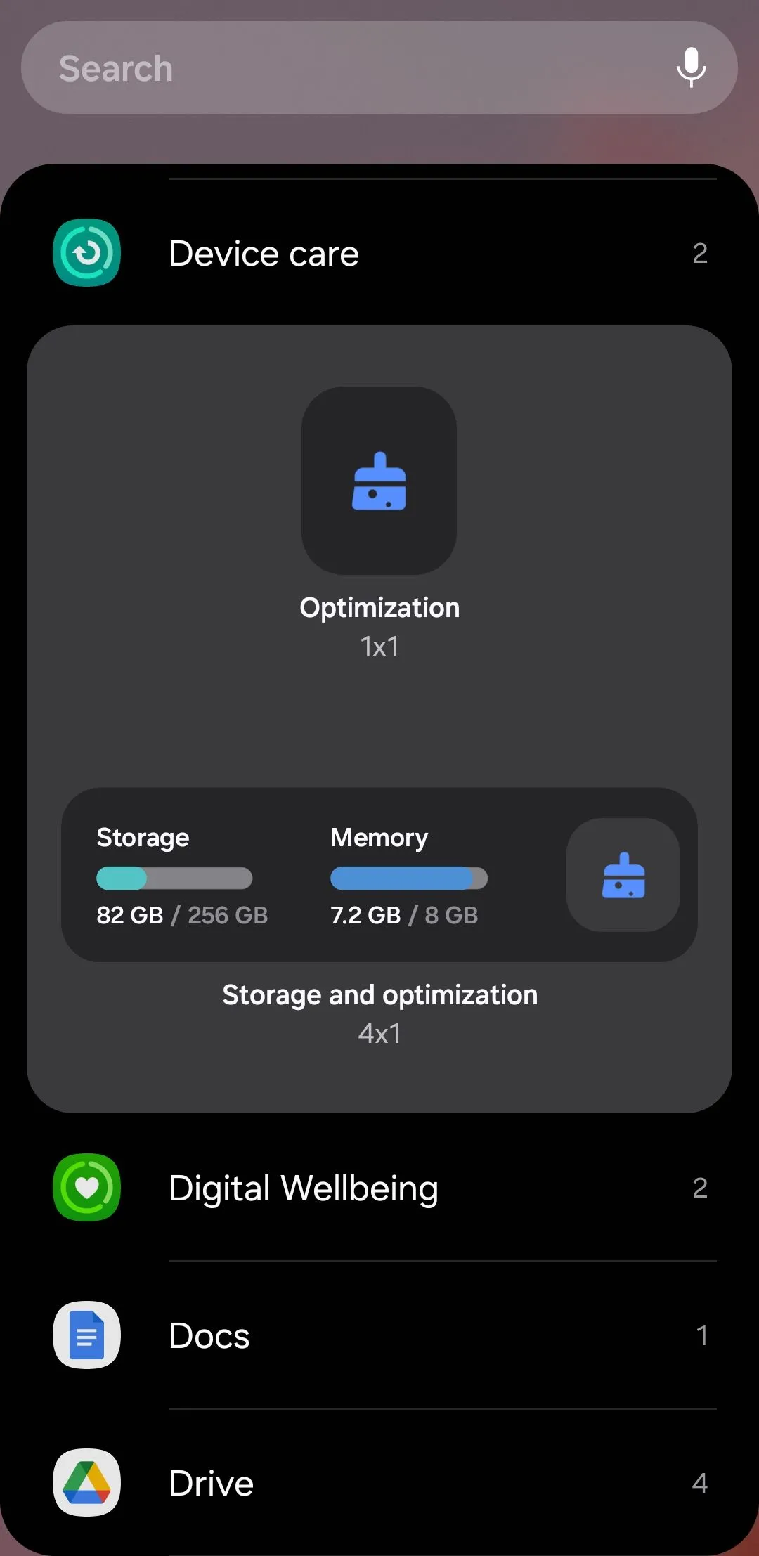 Các tùy chọn widget Chăm sóc thiết bị trên Android, cho phép tối ưu hóa hiệu suất và giải phóng bộ nhớ.