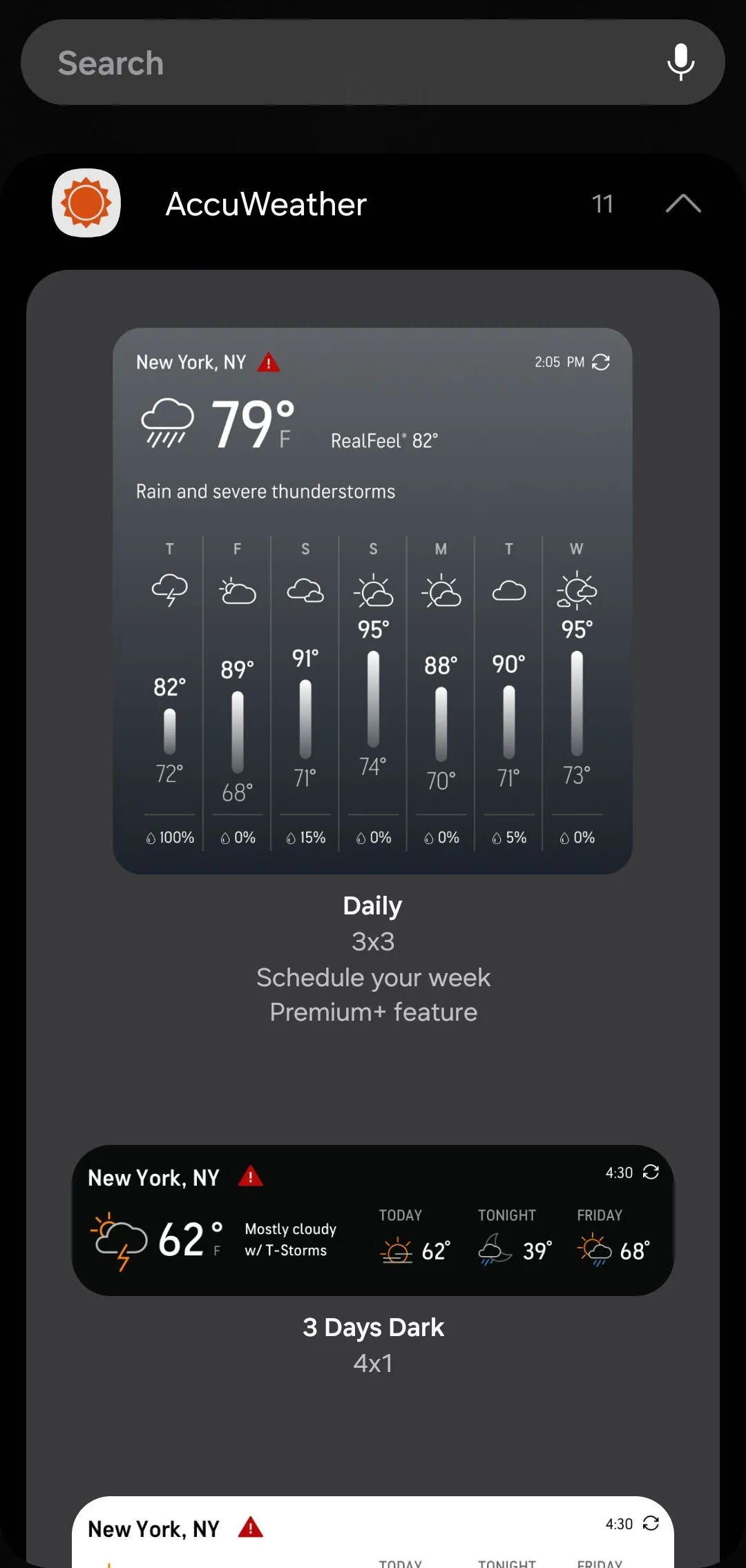 Các tùy chọn widget của ứng dụng AccuWeather với nhiều kích cỡ