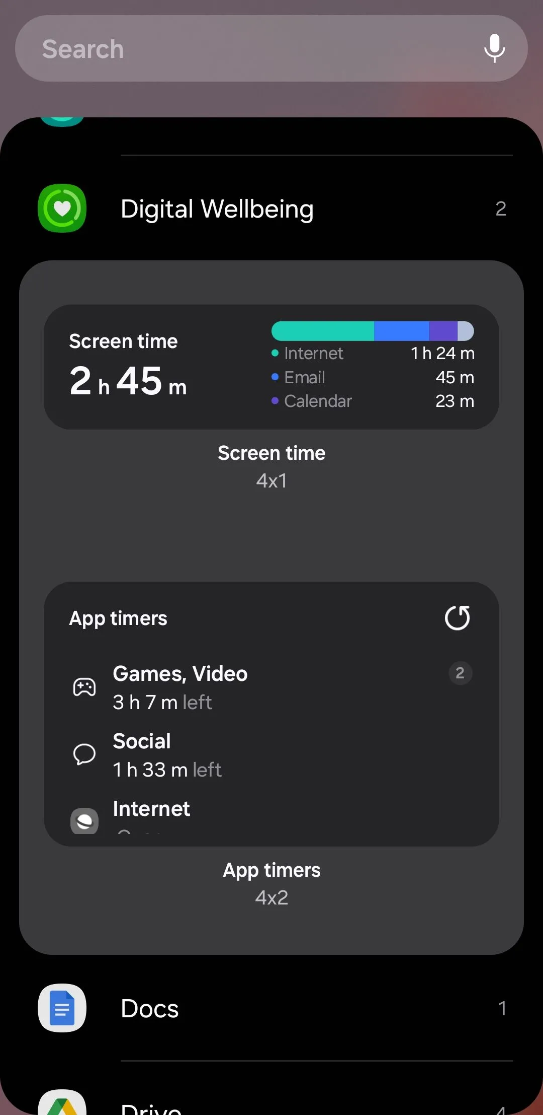 Các tùy chọn widget Digital Wellbeing trên Android, thể hiện thời gian sử dụng ứng dụng và các ứng dụng hàng đầu.