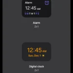 Các tùy chọn widget đồng hồ trên điện thoại Samsung, thể hiện cài đặt thời gian và báo thức.