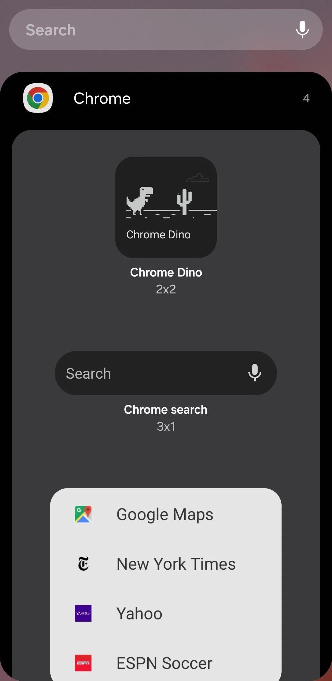 Các tùy chọn widget Google Chrome trên điện thoại Android, bao gồm thanh tìm kiếm, chế độ ẩn danh và trò chơi khủng long.