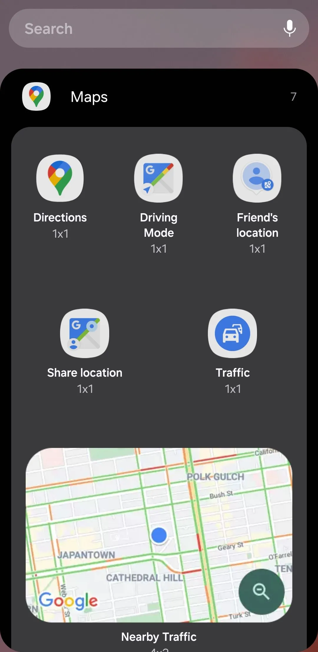 Các tùy chọn widget Google Maps trên Android, tập trung vào tính năng giao thông lân cận.