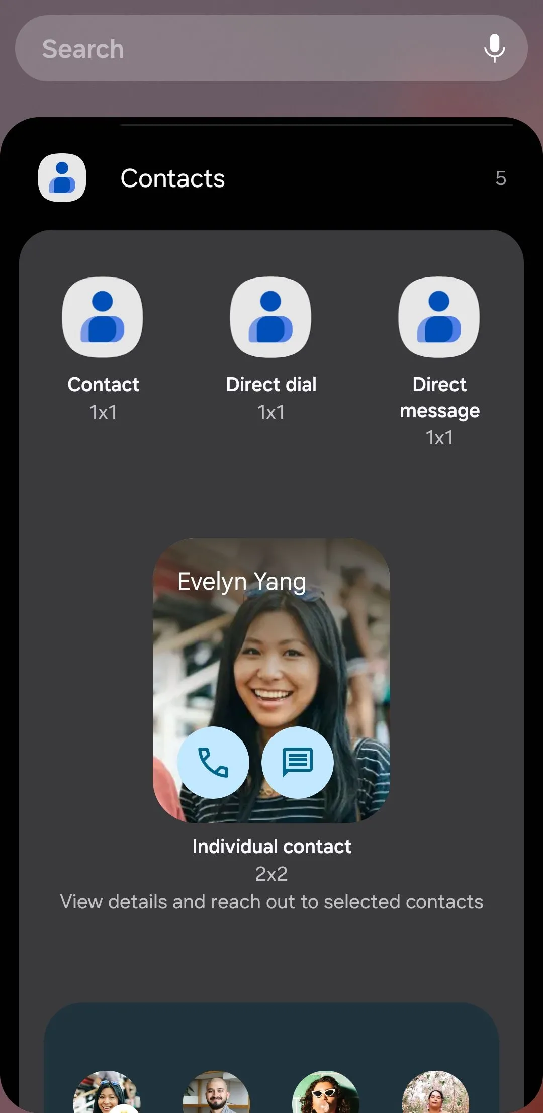 Các tùy chọn widget ứng dụng Google Contacts trên điện thoại Android, bao gồm gọi nhanh và danh bạ yêu thích.