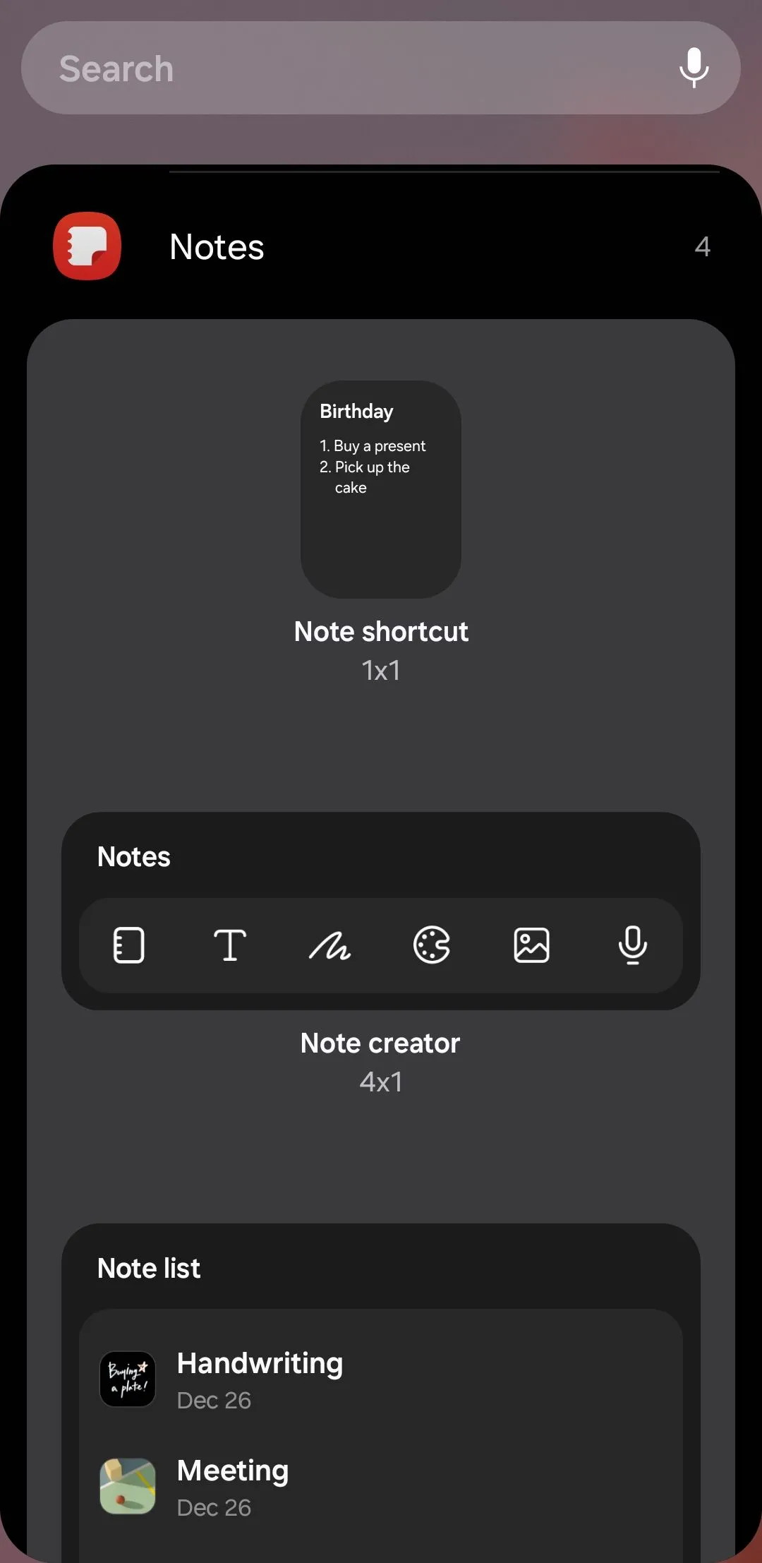 Các tùy chọn widget ứng dụng Samsung Notes trên điện thoại Galaxy, hiển thị lối tắt tạo ghi chú và danh sách ghi chú.