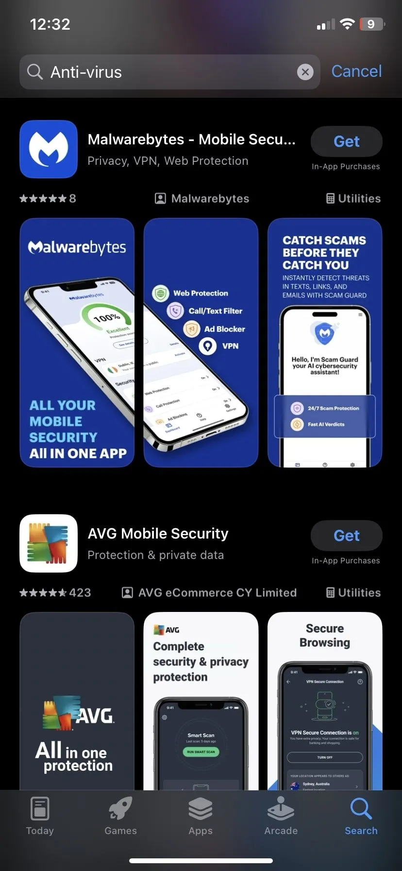 Các ứng dụng diệt virus phổ biến trên App Store, thường quảng cáo các tính năng bảo mật