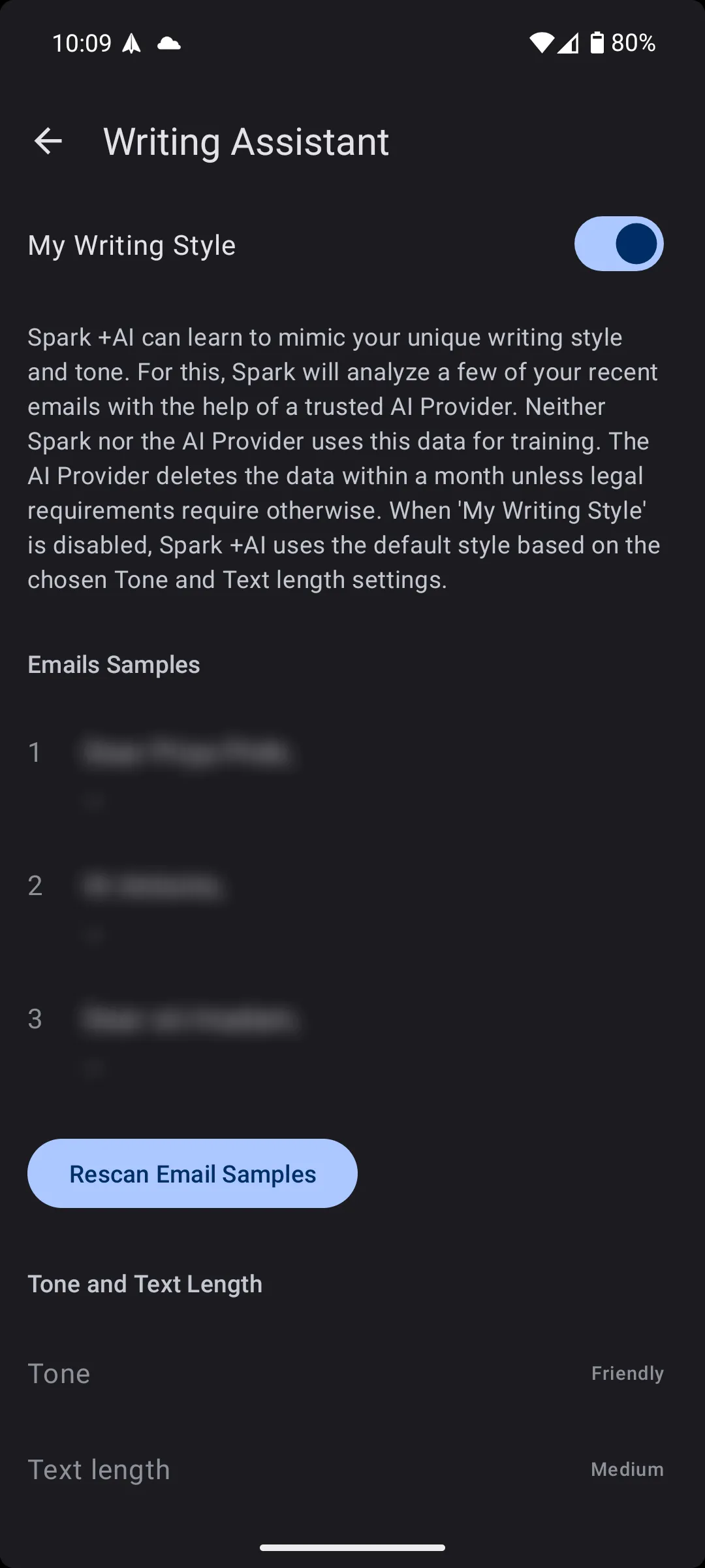 Các ví dụ về trợ lý viết của Spark Mail +AI