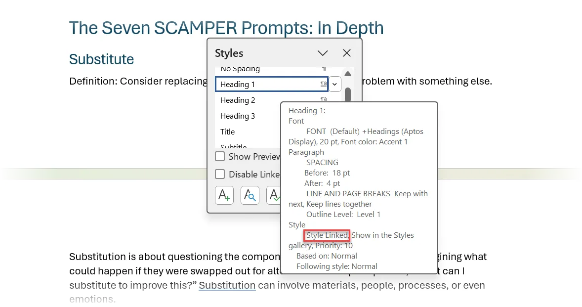 Cách nhận biết kiểu liên kết Linked Style trong Microsoft Word Styles Pane