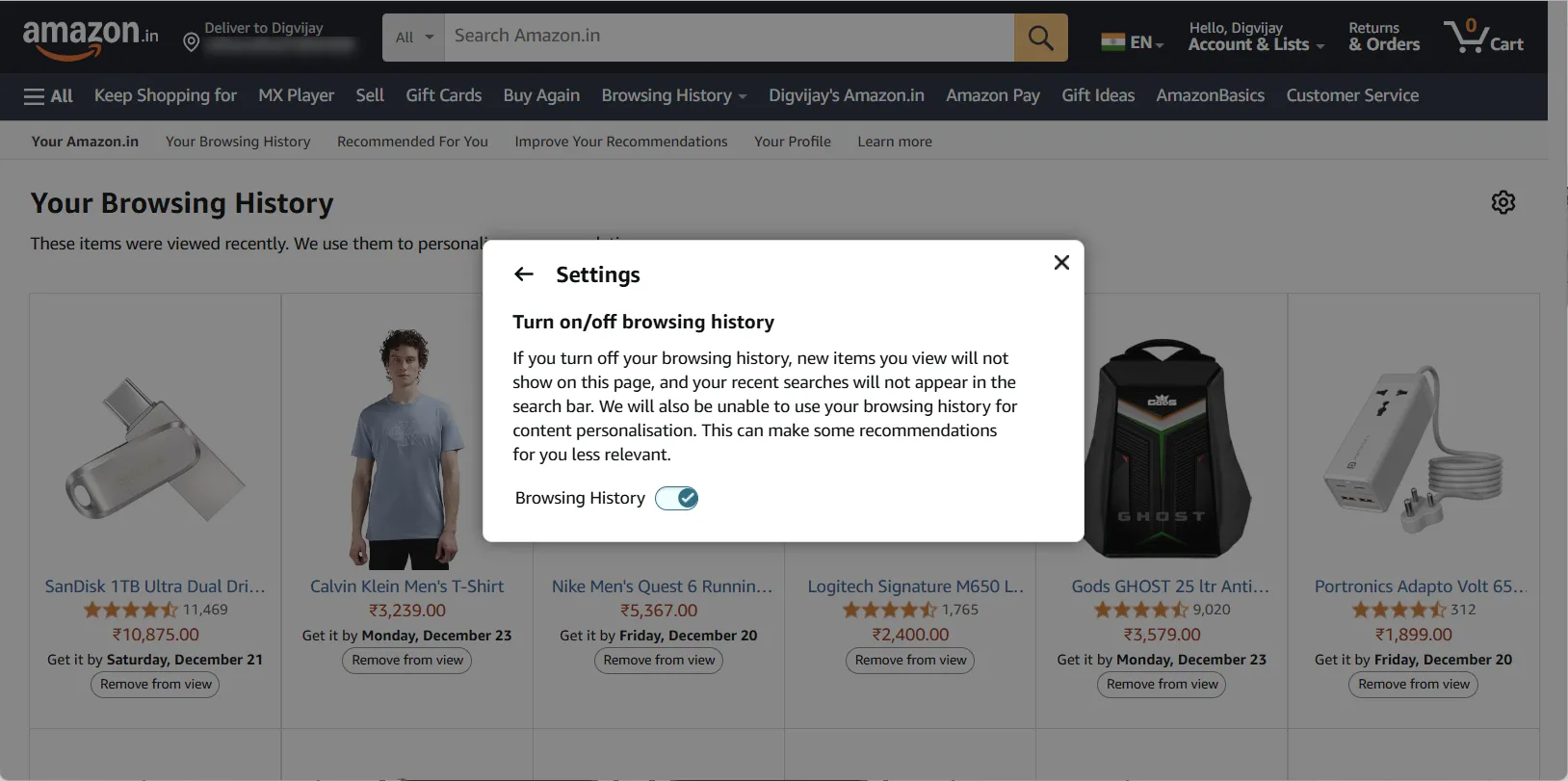 Cách vô hiệu hóa tính năng theo dõi lịch sử duyệt web trên Amazon thông qua cài đặt.