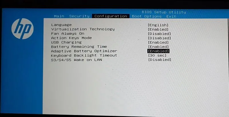 Cài đặt Adaptive Battery Optimizer hoặc Battery Health Manager trong BIOS của laptop HP