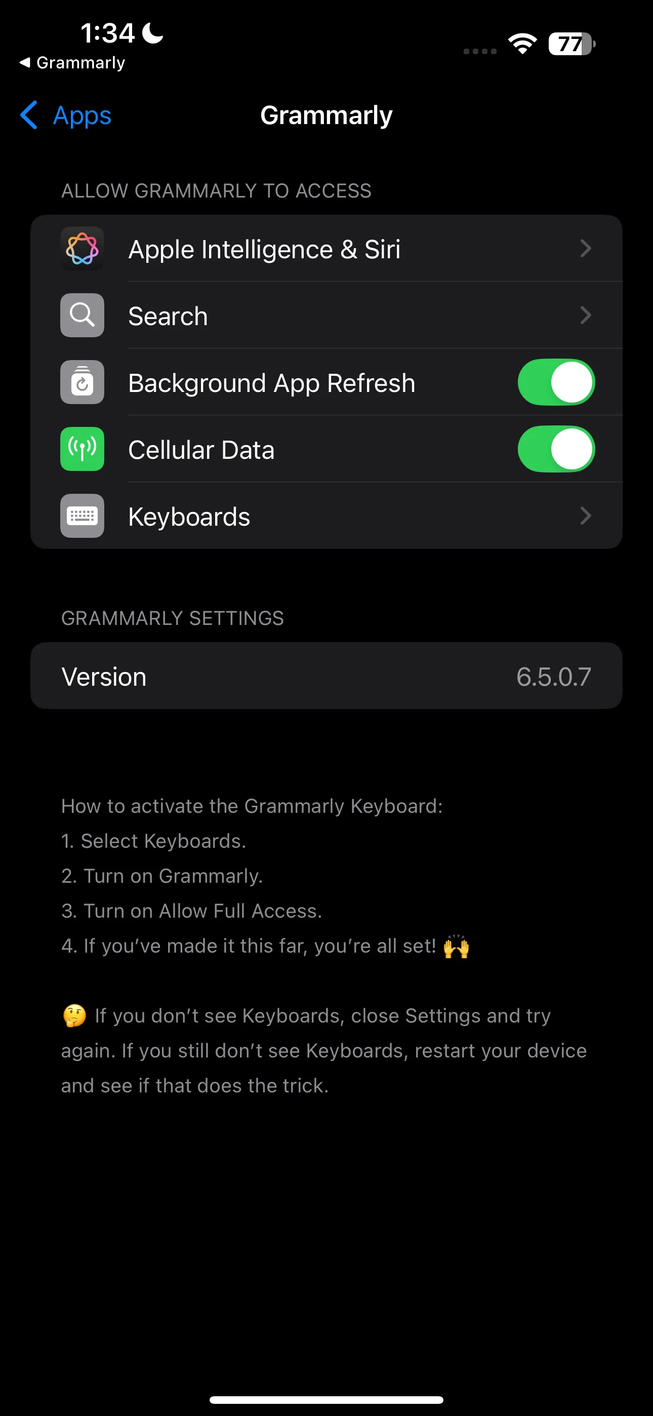 Cài đặt bàn phím Grammarly trên iPhone với tùy chọn cho phép truy cập đầy đủ được bật